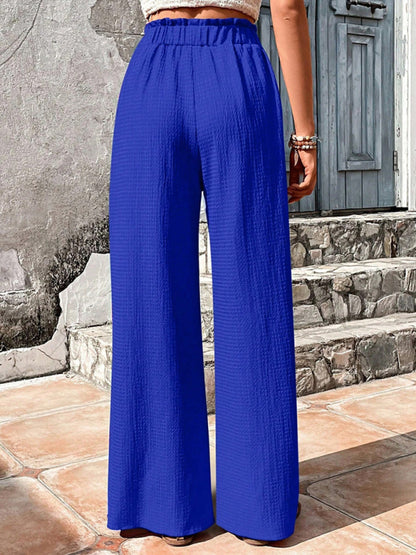 Elastic waist puff plaid casual wide leg pants