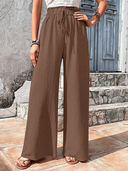 Elastic waist puff plaid casual wide leg pants