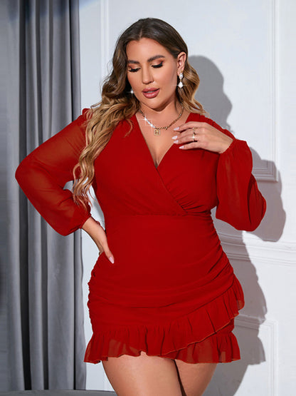 Plus size V-neck long-sleeved chiffon dress