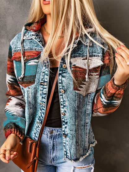 Women's western style denim patchwork hooded jacket