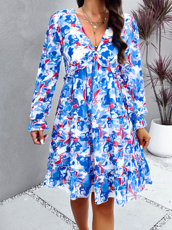 New elegant printed V-neck long-sleeved dress