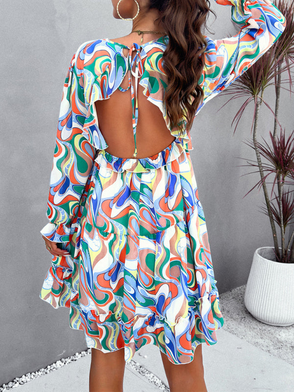 New elegant printed V-neck long-sleeved dress