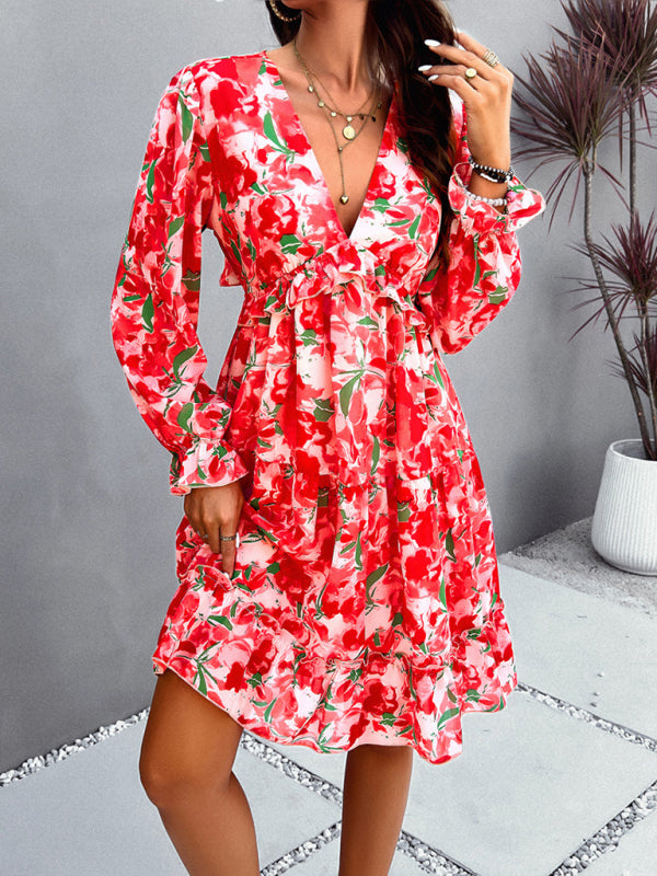 New elegant printed V-neck long-sleeved dress