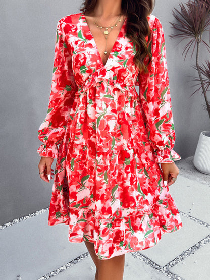 New elegant printed V-neck long-sleeved dress