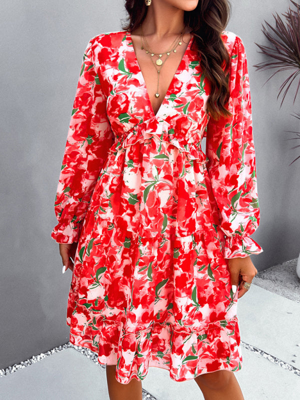 New elegant printed V-neck long-sleeved dress