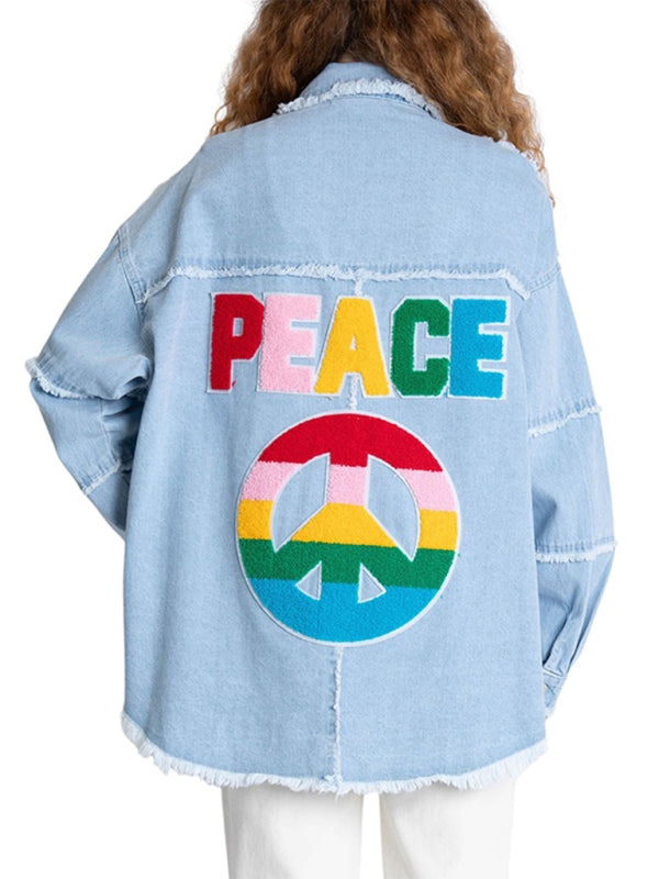 Women's raw edge denim jacket back lettered long sleeve jacket