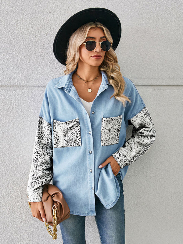 New loose leopard print patchwork denim shirt long sleeve top cardigan