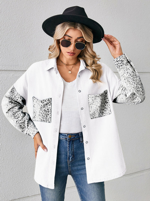 New loose leopard print patchwork denim shirt long sleeve top cardigan