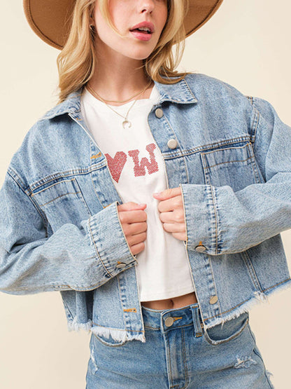 Women's love sequin denim jacket raw edge short top