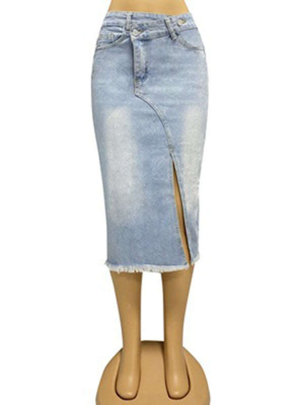 Women's button slit high waist denim skirt