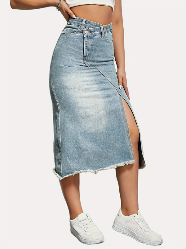 Women's button slit high waist denim skirt