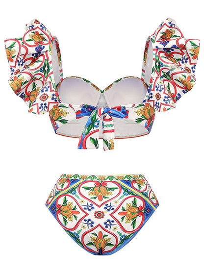 Women's New Ruffled Enamel Print Beach Resort Swimsuit Suit