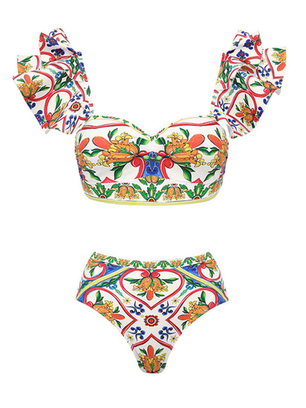 Women's New Ruffled Enamel Print Beach Resort Swimsuit Suit