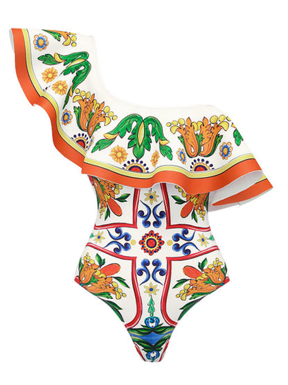 Women's New Ruffled Enamel Print Beach Resort Swimsuit Suit