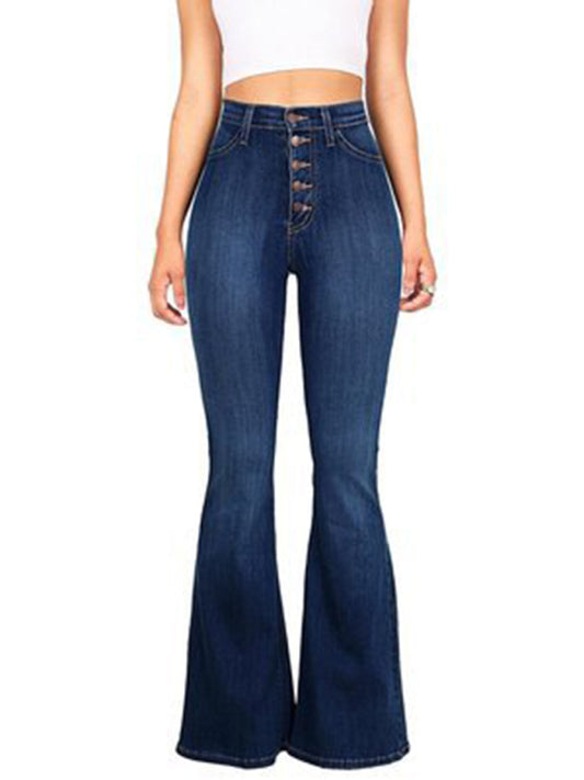 Women's new high-waist washed button slim fit slightly flared wide-leg denim trousers