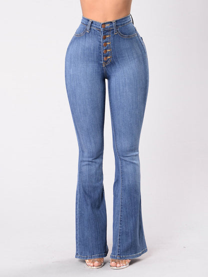 Women's new high-waist washed button slim fit slightly flared wide-leg denim trousers