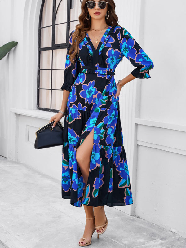 Spring and summer new holiday casual printed V-neck slit dress