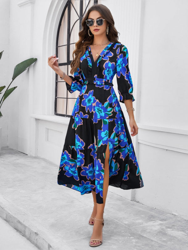 Spring and summer new holiday casual printed V-neck slit dress