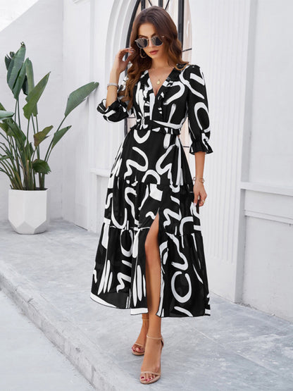 Spring and summer new holiday casual printed V-neck slit dress