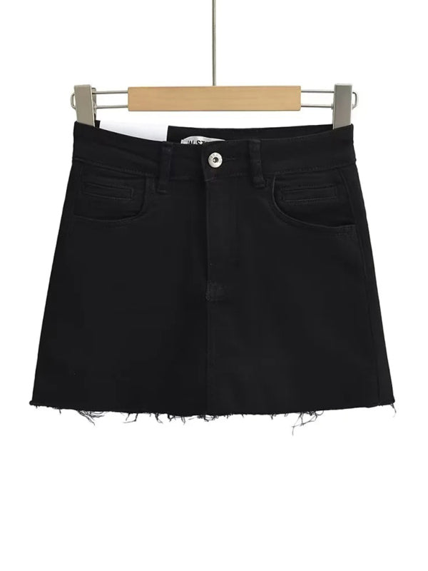 Hot girl's high-waist elastic hip-covering slim-fit anti-exposure raw edge A-line denim skirt