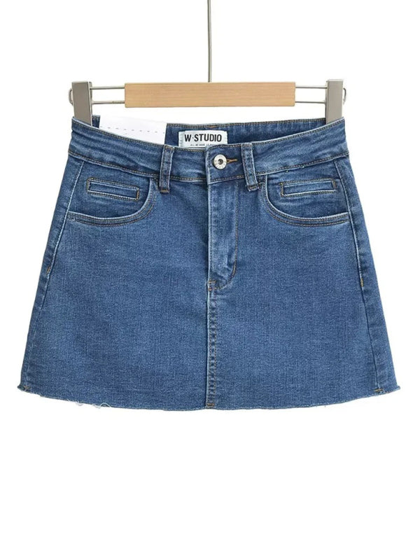 Hot girl's high-waist elastic hip-covering slim-fit anti-exposure raw edge A-line denim skirt