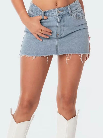 Hot girl's high-waist elastic hip-covering slim-fit anti-exposure raw edge A-line denim skirt