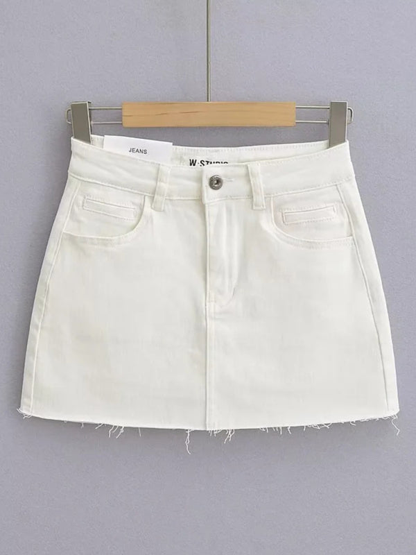 Hot girl's high-waist elastic hip-covering slim-fit anti-exposure raw edge A-line denim skirt