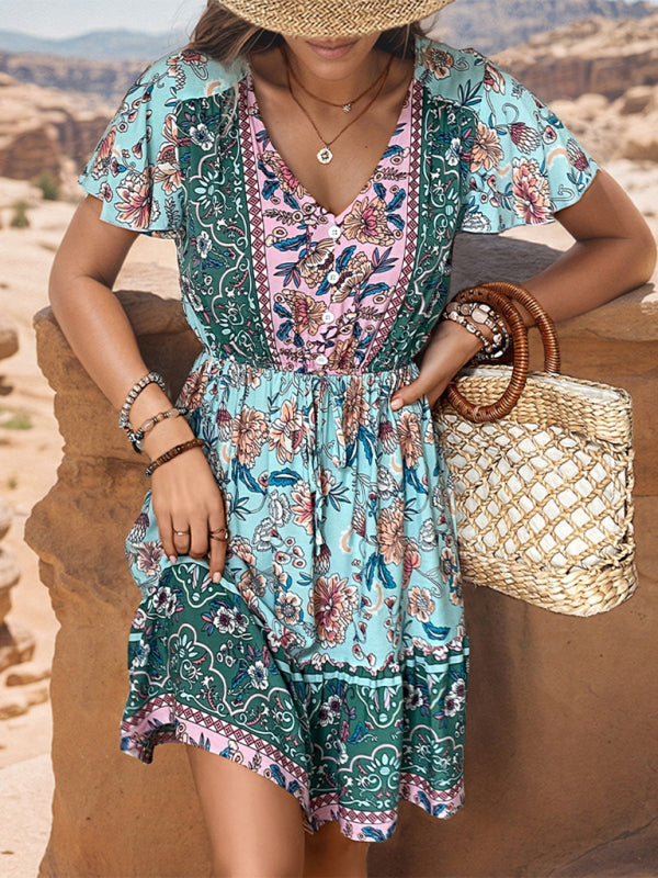 New women's v-neck bohemian style dress