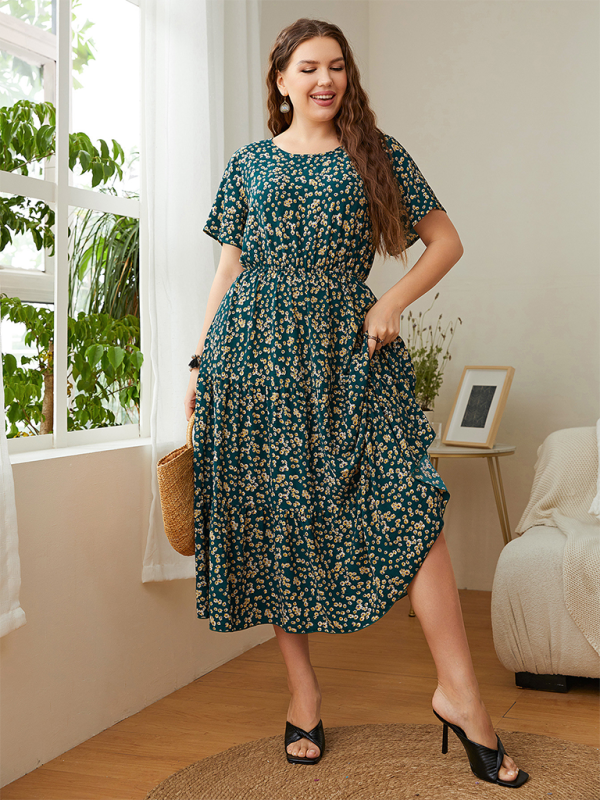 Plus size women's casual round neck printed waist dress