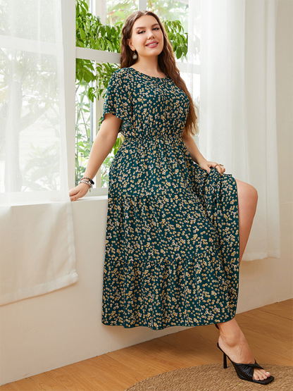 Plus size women's casual round neck printed waist dress