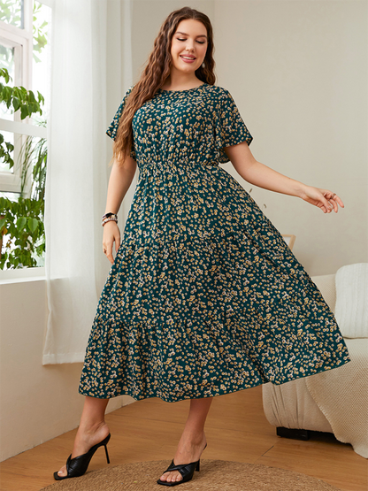 Plus size women's casual round neck printed waist dress