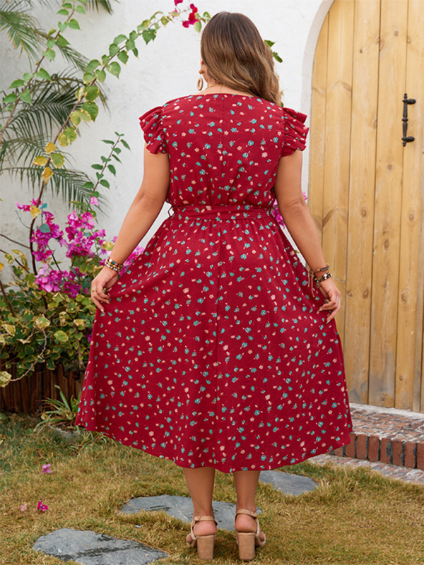 Plus size women's red printed sleeveless lace short-sleeved dress