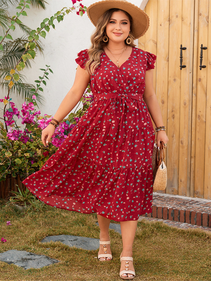 Plus size women's red printed sleeveless lace short-sleeved dress