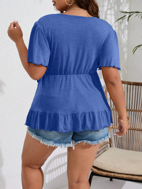 Plus size women's solid color V-neck short-sleeved tops