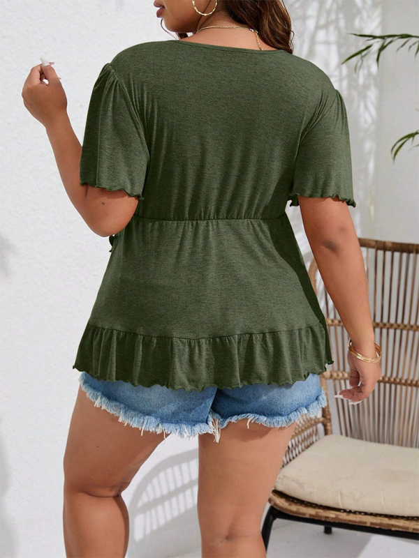 Plus size women's solid color V-neck short-sleeved tops