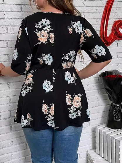 Plus size women's new printed V-neck lace shirt