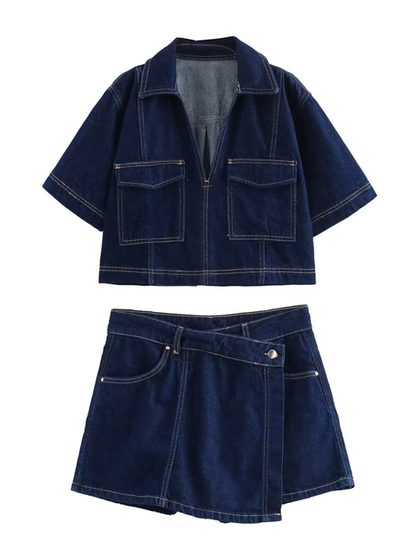 Fashion retro pocket trim short denim shirt/shorts