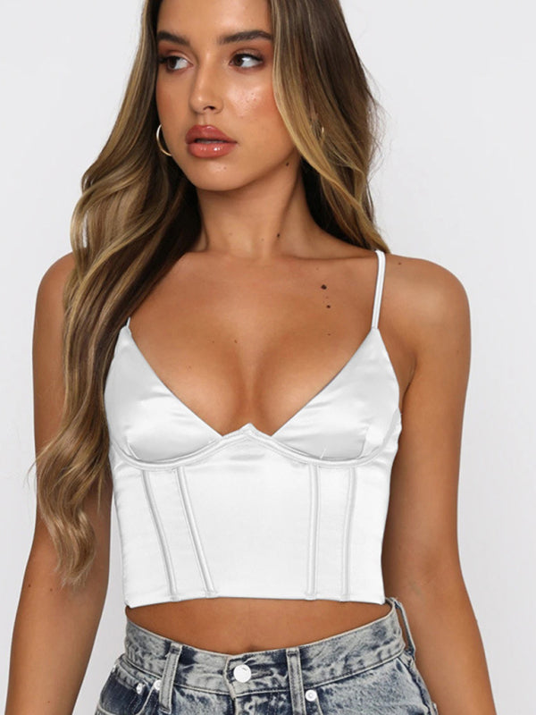 Female Satin Slim V-Neck Sexy Camisole Crop Top