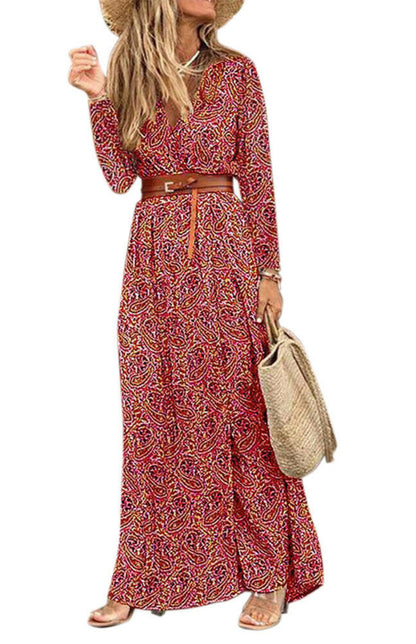 Ladies V-Neck Long Sleeve Printed Long Dress