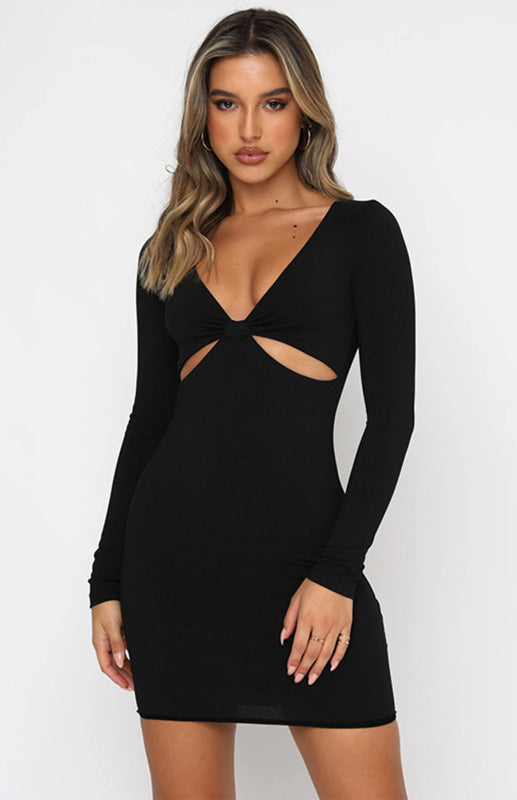 Women's Sexy Deep V-Neck Hollow Slim Long Sleeve Dress Cocktail Party Dress