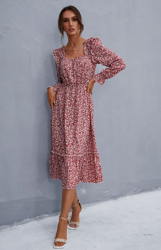 Ladies Square Neck Long Sleeve Ruffled Floral Dress