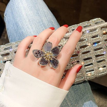 Women's Exaggerated Crystal Flower Open Ring