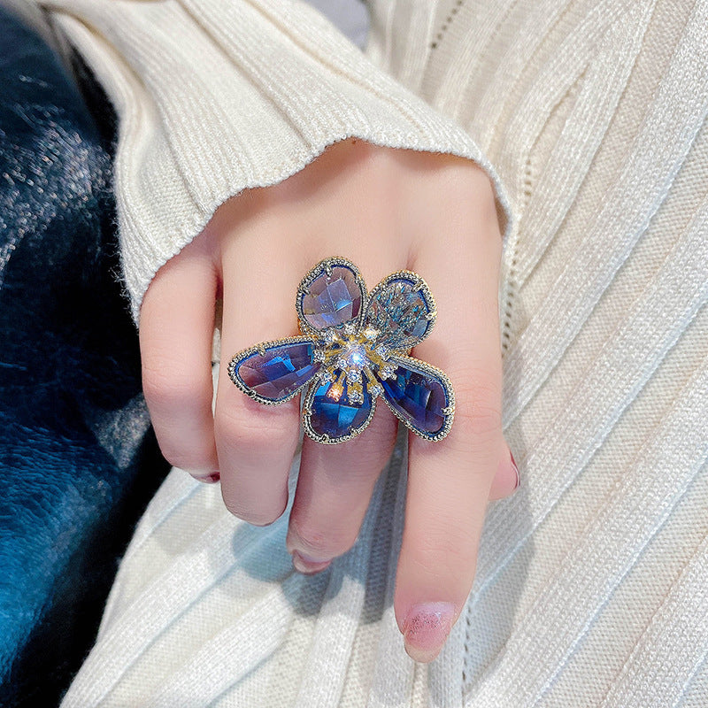 Women's Exaggerated Crystal Flower Open Ring