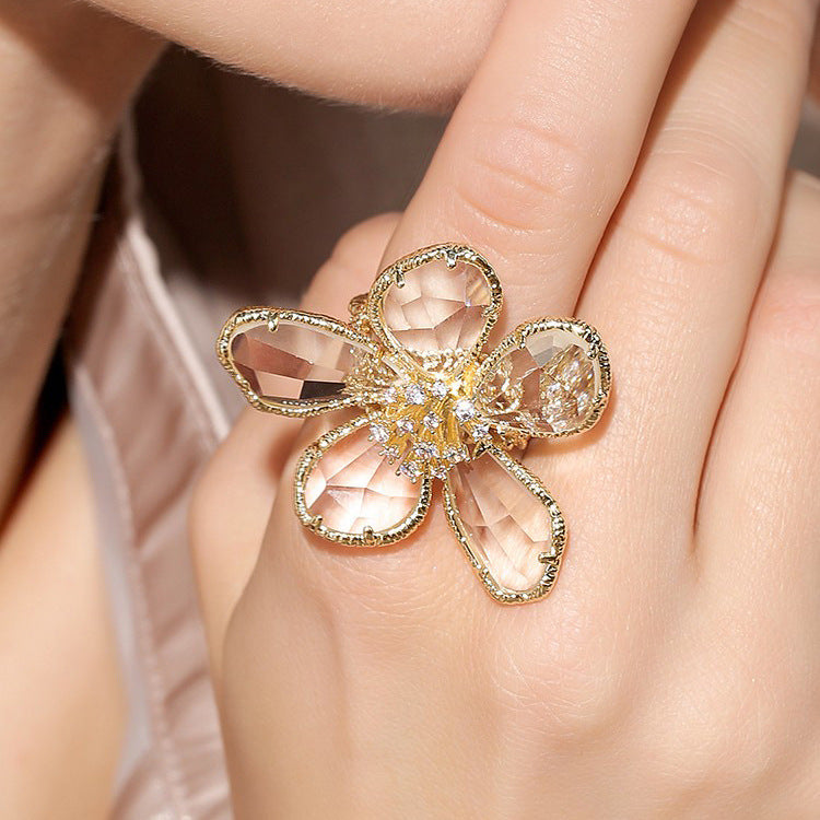 Women's Exaggerated Crystal Flower Open Ring