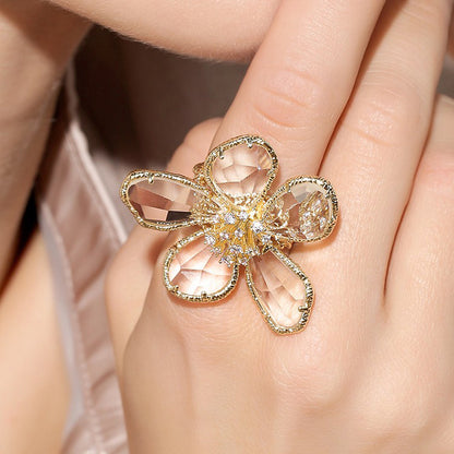 Women's Exaggerated Crystal Flower Open Ring