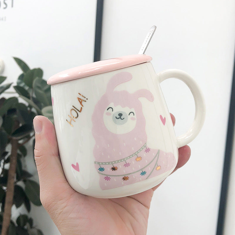 White- Cute cartoon Llama Potbelly Ceramic cup with Lid and Spoon