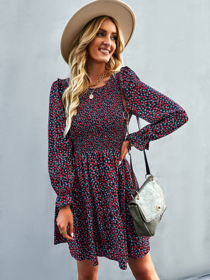 Women's round neck long sleeve versatile Floral Dress