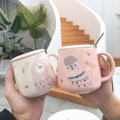 Pink- Cute cartoon Llama Potbelly Ceramic cup with Lid and Spoon