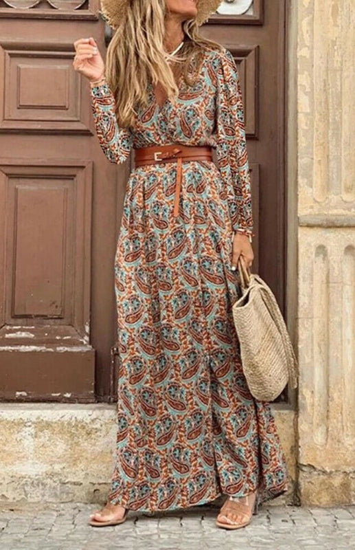 Ladies V-Neck Long Sleeve Printed Long Dress