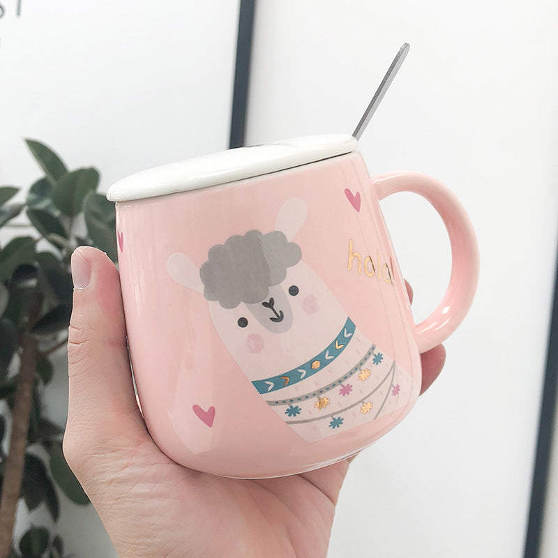 Pink- Cute cartoon Llama Potbelly Ceramic cup with Lid and Spoon